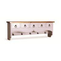 5 drawer wall shelf with hooks in antique white