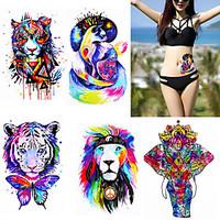 5 Pieces Watercolor Body Tattoo Temporary Waterproof Tiger Lion Decal Back Arm Art Sticker Colorful