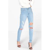5-Pocket Distressed High Rise Skinny Jeans - mid blue