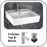 50.5cm Arsizio Square Wall Mounted Sink with Mixer Tap and Pop Up Waste