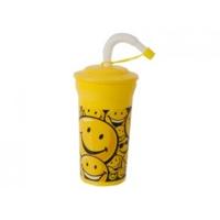 500ml Yellow Happy Face Drinking Cup With Lid & Flexi Straw