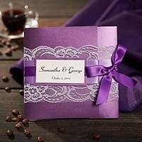 50 Purple Custom Wedding Invitations Day and Evening Invites For Birthday Bridal Shower RSVP Envelope With Ribbon Pearl ZSK3008