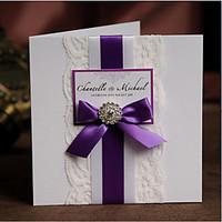 50 elegant white lace wedding invitations card kit with purple ribbon  ...