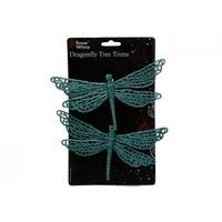 6 turquoise 2 piece clip on glitter dragon fly tree trims set