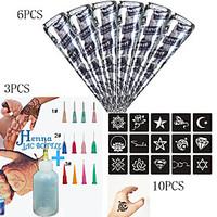 6 pcs Black Henna 3PCS Applicator 10CS Full Stencil, Mehndi Body Art Set, Tattoo Paste Cones Sexy