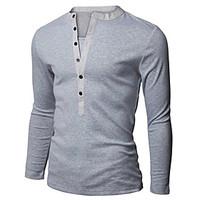 6 Colors M-3XL Fashion Men\'s Casual/Daily Simple Spring Fall T-shirt Solid V Neck Long Sleeve White Black Gray Cotton Medium Buttons are black