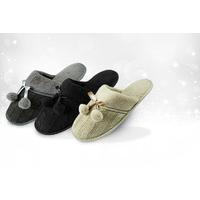 £6 instead of £17.99 for a pair of ladies luxury pom pom slippers in black, grey & sand from Who Runs the World - save 67%