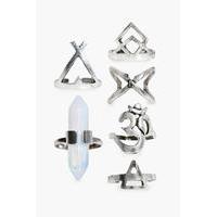 6 Piece Crystal Stone Set Ring Pack - silver