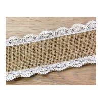 60mm Hessian with Lace Edging Natural Ribbon White