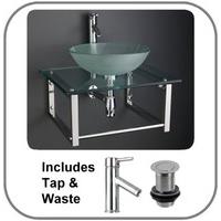 60cm by 50cm Wall Mount Glass Shelf and Bracket Set with Padova 42cm Frosted Basin and Tap