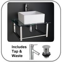 60cm by 50cm Wall Mounted Glass Shelf and Brackets with Firenze Square Basin Set
