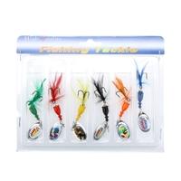 6Pcs 7cm 4g Hard Fishing Lures Spoon Noise Sequin Paillette Baits with Feather Treble Hook Set Tackle