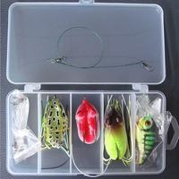 6Pcs Artificial Fishing Lure Set Hard Soft Baits Crank Spoon Frog Wire Leader Hook with Fishing Tackle Box