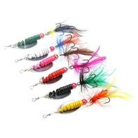 6Pcs 8.5cm 5g Hard Fishing Lures Spoon Sequin Paillette Baits with Feather Treble Hook Set Tackle