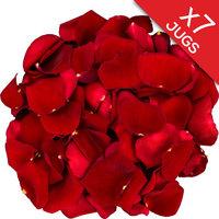 7 jugs of red rose petals