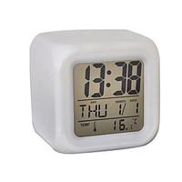 7 Color LED Glowing Cubic Digital Alarm Clock Calendar Thermometer (White, 4xAAA)