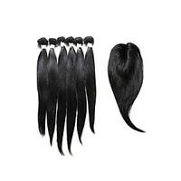 7 Pieces/Lot Straight Hair Human Hair Weaves With Closure Color 1b Natural Black (14inch16inch18inch)