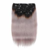 7 Pcs/Set 1b/Grey Ombre Color Black to Grey Clip In Hair Extensions 14Inch 18Inch 100% Human Hair