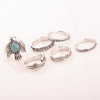 7 pcsset vintage style silver turquoise band peace dove leaf midi ring ...