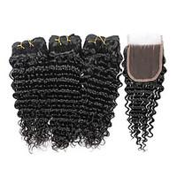 7A Indian Human Virgin Hair Deep Wave 44 Lace Closure With 3 Bundles Hair Weft