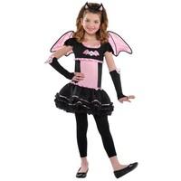8-10 Years - Girls Pink Bat to the Bone Wings Tutu Skull Horn Headband Halloween Goth Fancy Dress Costume