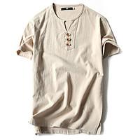 8 Colors M-5XL Men\'s Plus Size Cotton Linen Casual Sports Vintage Summer T-shirt Solid Button Round Neck Short Sleeve Youth Top Hot Sale