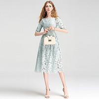 8CFAMILY Women\'s Going out Casual/Daily Work Simple Cute Sophisticated A Line Lace DressEmbroidered Round Neck Knee-length Length SleeveCotton