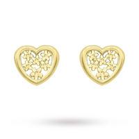 9 Carat Yellow Gold Filigree Heart Stud Earrings
