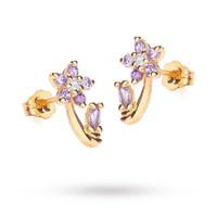 9 Carat Yellow Gold Purple and White Cubic Zirconia Flower Stud Earrings