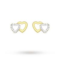 9 carat yellow gold pave set cubic zirconia double open heart stud ear ...