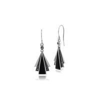 925 Sterling Silver Art Deco Black Onyx & Marcasite Drop Earrings