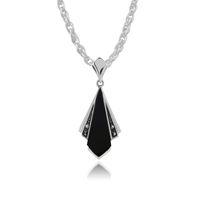 925 Sterling Silver Art Deco Black Onyx & Marcasite Pendant on 45cm Chain