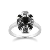 925 Sterling Silver Art Deco Black Onyx & Marcasite Ring