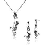 925 Sterling Silver Marcasite Heart Drop Earrings & 45cm Necklace Set