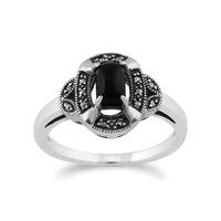 925 Sterling Silver 0.50ct Black Onyx & Marcasite Art Deco Ring