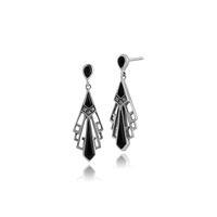 925 Sterling Silver Art Deco Black Onyx & Marcasite Drop Earrings