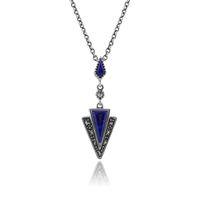 925 Sterling Silver 1.05ct Lapis Lazuli & Marcasite Art Deco Necklace