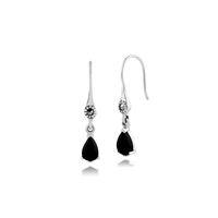 925 Sterling Silver 0.96ct Black Onyx & Marcasite Art Nouveau Drop Earrings