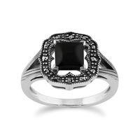 925 Sterling Silver 0.58ct Black Onyx & Marcasite Art Deco Ring