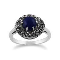 925 Sterling Silver 0.62ct Lapis Lazuli & Marcasite Art Deco Ring
