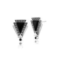 925 Sterling Silver 0.7ct Black Onyx, Spinel & Marcasite Art Deco Stud Earrings