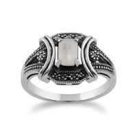 925 Sterling Silver 0.47ct Mother of Pearl & Marcasite Art Deco Ring