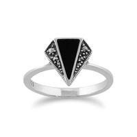 925 Sterling Silver 0.5ct Black Onyx & Marcasite Art Deco Ring