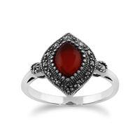 925 Sterling Silver 1.00ct Carnelian & Marcasite Art Deco Ring