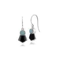 925 Sterling Silver Art Deco Black Onyx, Opal & Marcasite Drop Earrings