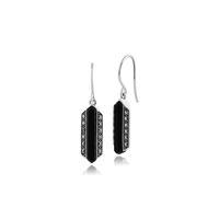 925 Sterling Silver Art Deco Black Onyx & Marcasite Drop Earrings