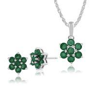 925 Sterling Silver Emerald Floral Stud Earrings & 45cm Necklace Set