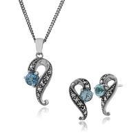 925 Silver Blue Topaz & Marcasite Art Nouveau Stud Earring & 45cm Necklace Set