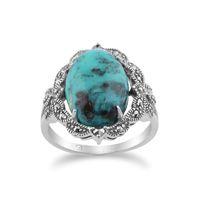 925 Sterling Silver Art Nouveau Turquoise & Marcasite Statement Ring