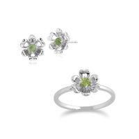 925 Sterling Silver Peridot Floral Stud Earring & Ring Set